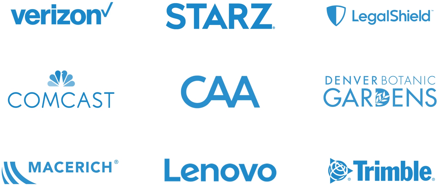 logos of companies brian has worked for: Verizon, Starz, Comcast, Legalshield, etc.